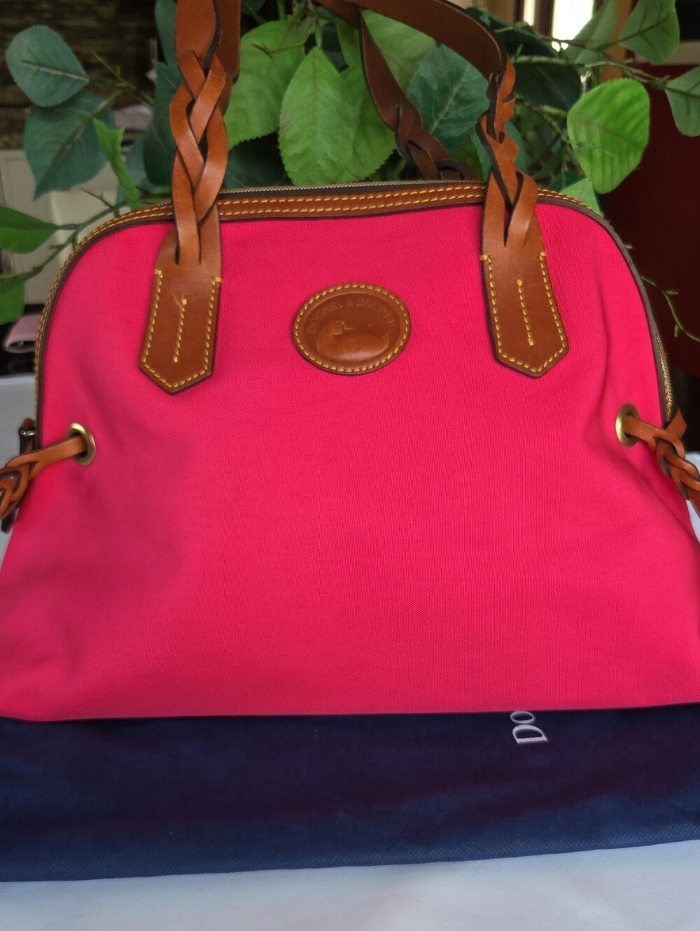 Dooney & Bourke Hot Pink Canvas Satchel with Brown Leather Trim
